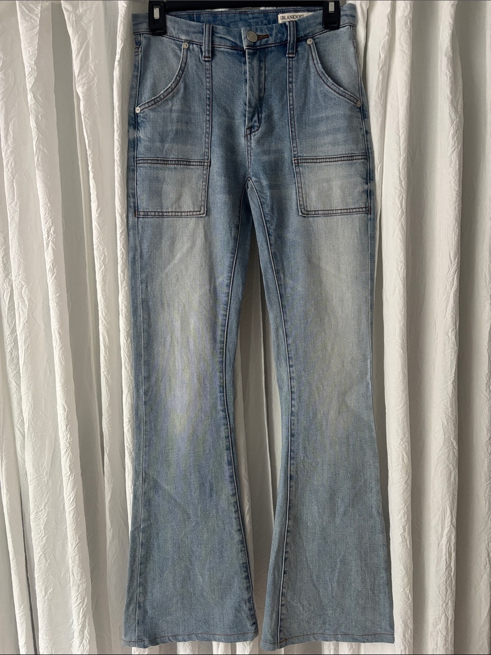 Blank NYC Light Blue Flare Jeans with Front Patch Pockets
